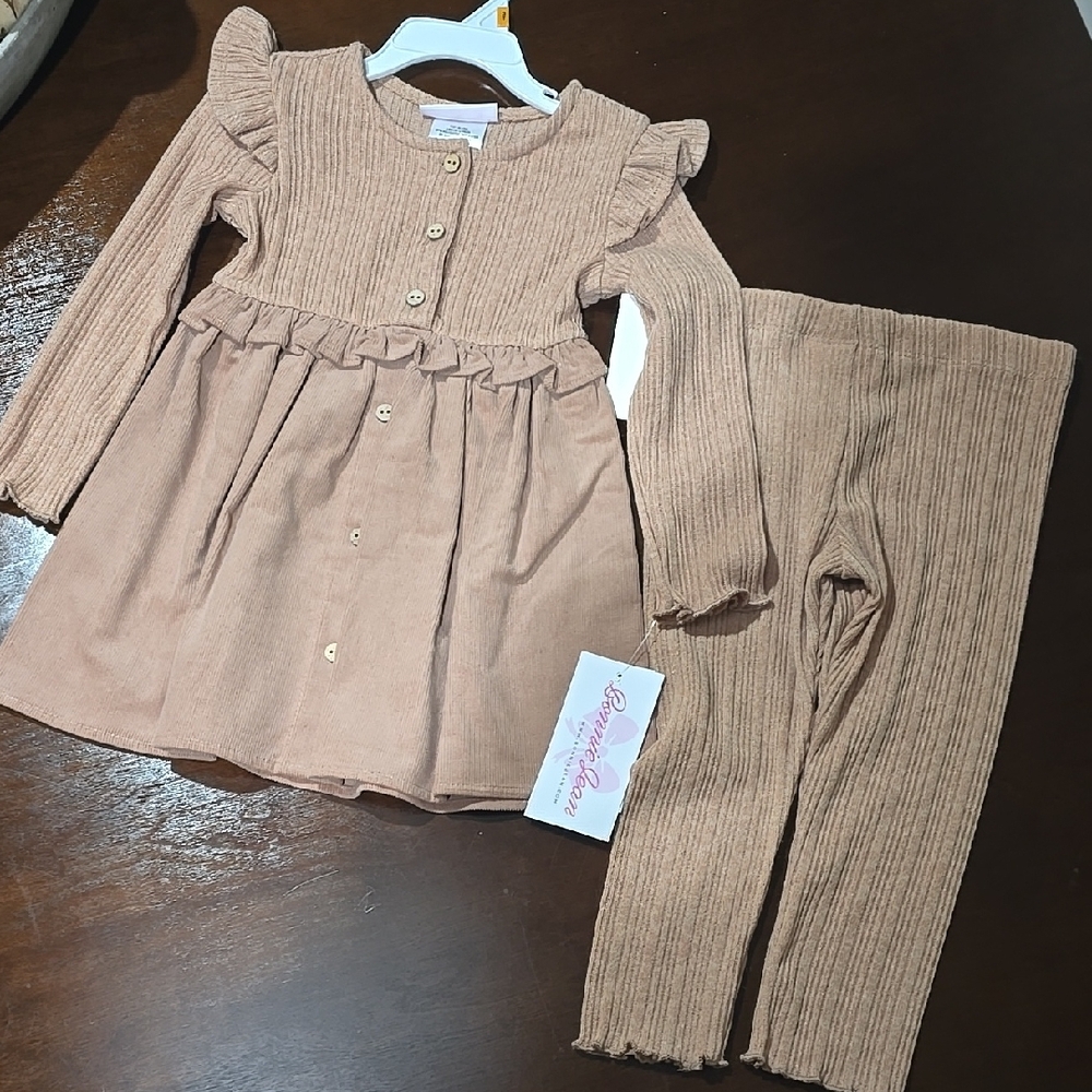 Tan Ribbed Toddler Dress and Leggings Set